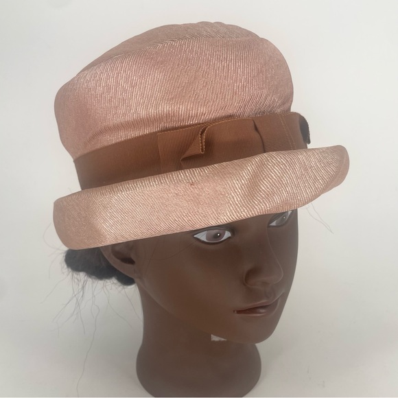 Vintage 1960s Taupe Satin Tall Hat With Brown Ribbon Bow - Picture 3 of 11